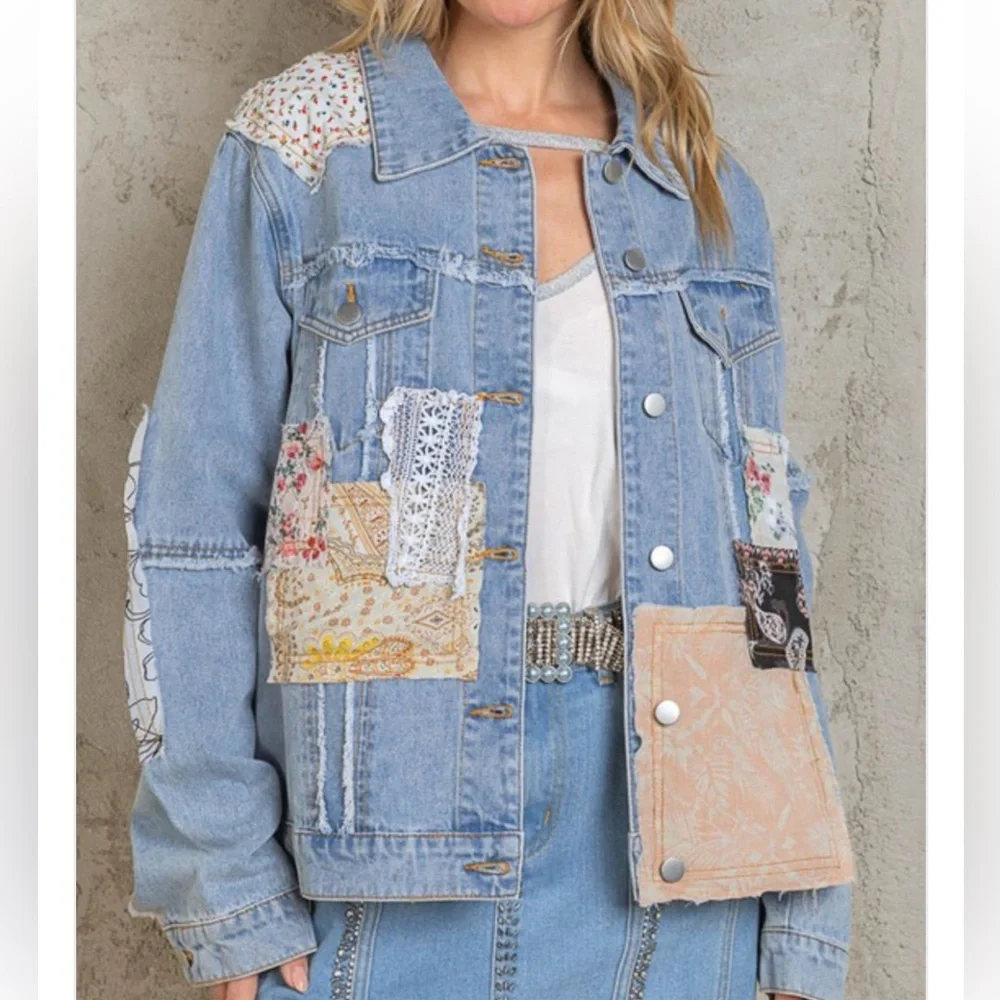POL Oversized Patchwork Denim Jean‎ Jacket Size Medium Boho Vintage - Picture 8 of 9